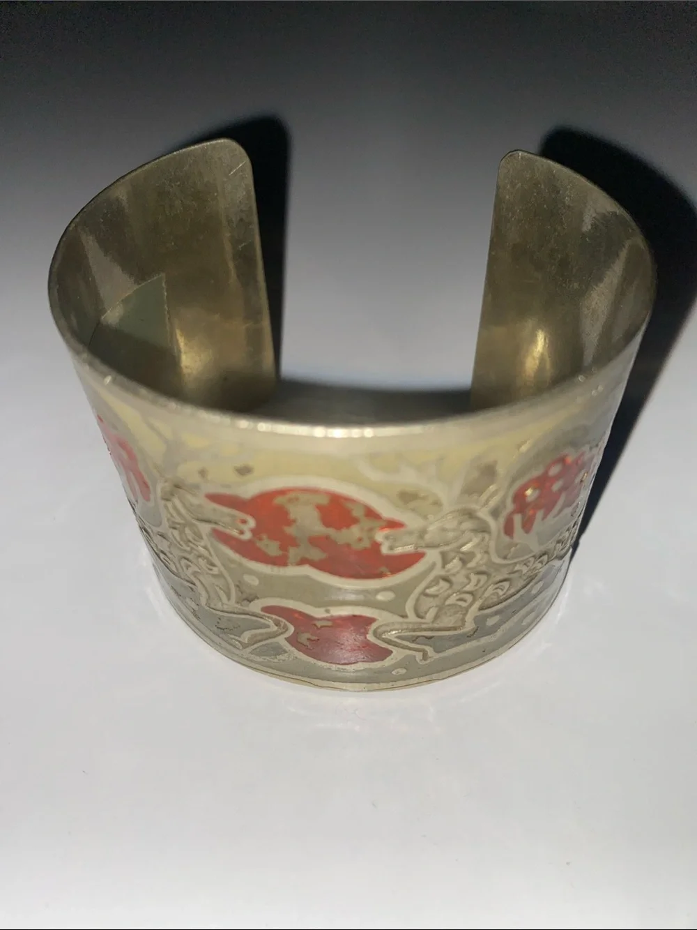 Wide Metal Cuff Bracelet with Red Enamel Accents